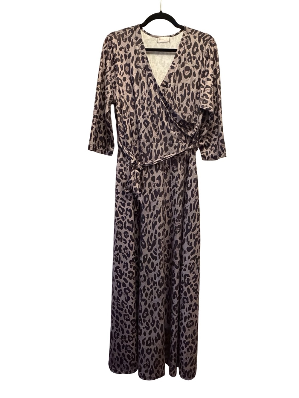 Women's Leopard Print Faux Wrap Maxi Dress 3/4 Sleeve Belted Pockets Size Large - Picture 2 of 10